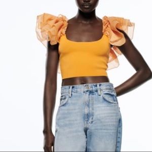 Zara Orange Ruffled Sleeve Crop Top